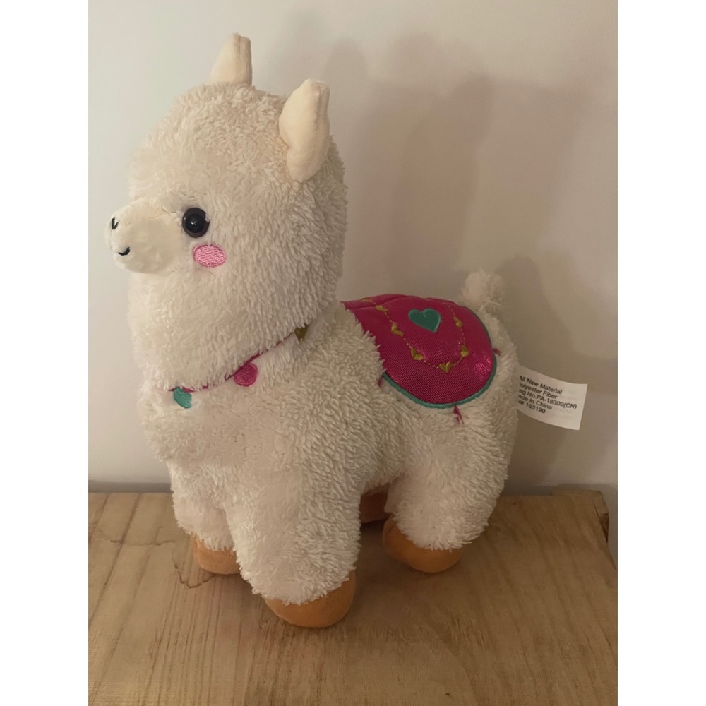 White Llama Alpaca Animal Plush Stuffed Toy Pink Saddle Embroidered Pink Cheeks - Picture 7 of 11
